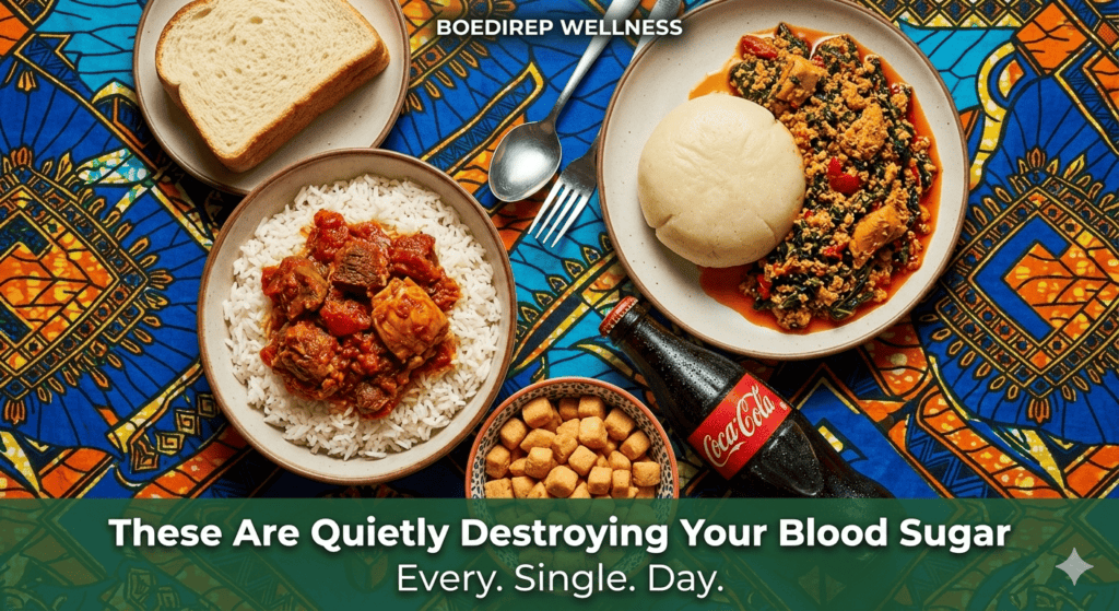 Healthy Nigerian meal with rice, vegetable stew, bread, and soft drink, promoting blood sugar management.