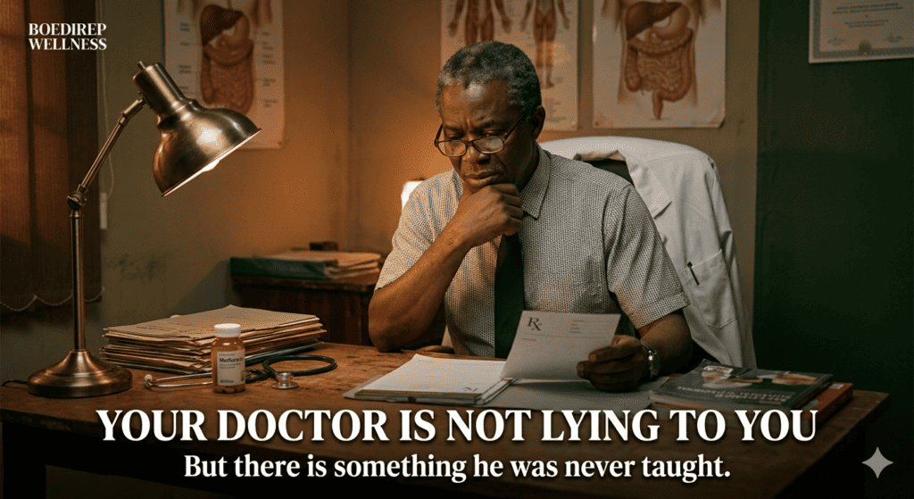 An experienced doctor reviewing medical documents in a clinic, emphasizing honesty and trust in healthcare.