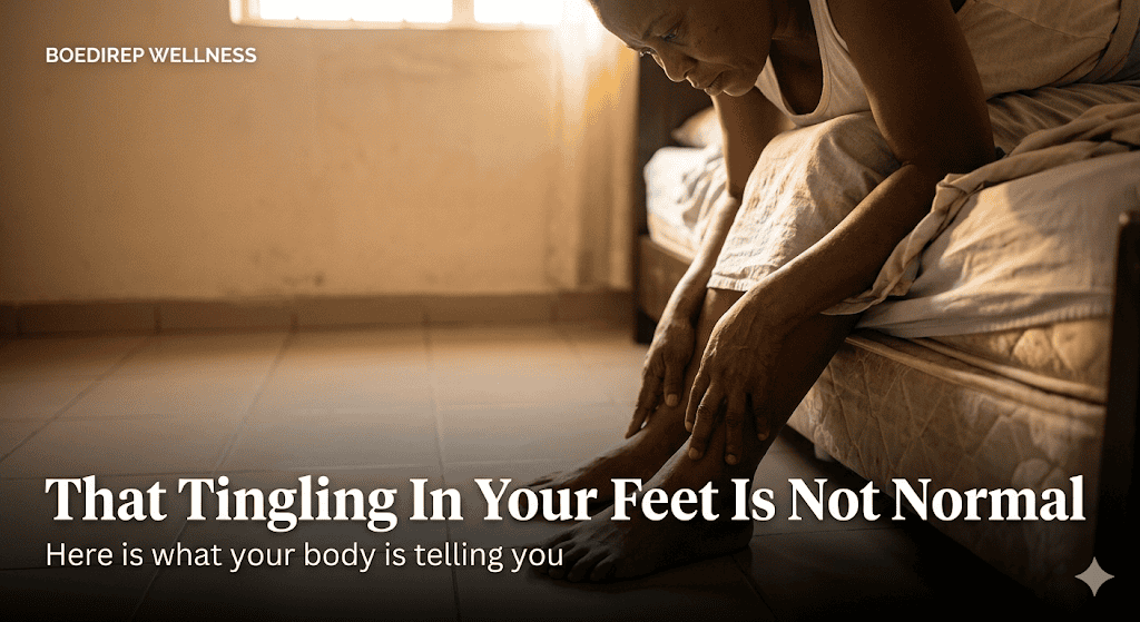 High-quality image of a person experiencing foot tingling, highlighting symptoms of nerve issues or circulation problems, relevant for wellness and health topics.