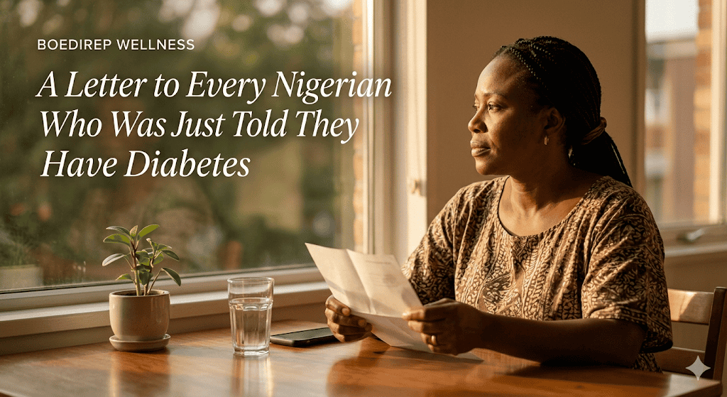 A healthy Nigerian woman reading a letter about diabetes awareness at Boedirep Wellness center.